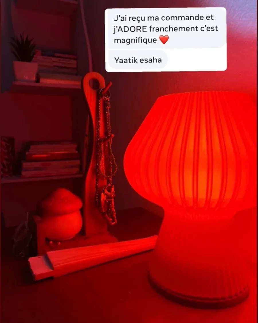 Un Champignon rouge allumé devant une étagère